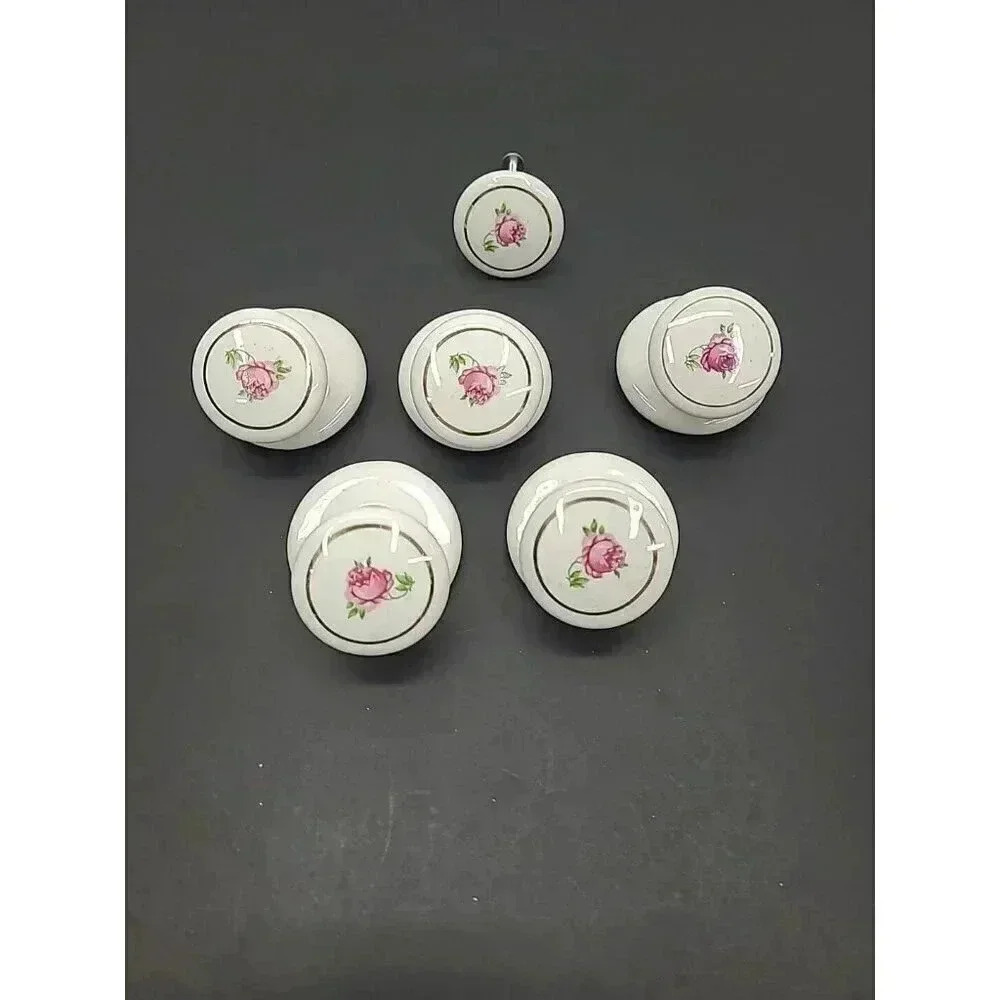Vintage Porcelain White Rose Pull Knob Handles Made in Japan Set of 6
